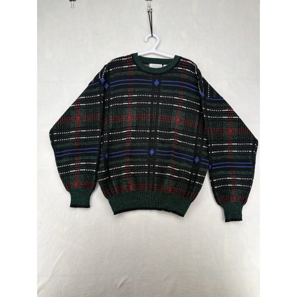 Hennessy Van Heusen Sweater Green Multi Plaid Fair Vintage 90s Geometric Size L